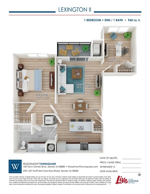 Floor plan for 1 bed, 1 bath, 960 sqft